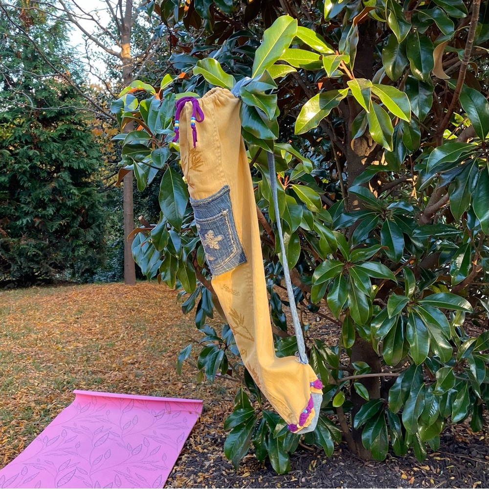 ♻️Yoga Mat Bag Upcycled Denim ONE OF A KIND Yellow & Blue 1 Pocket OOAK ♻️